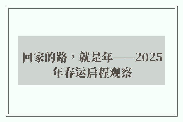 回家的路，就是年——2025年春运启程观察